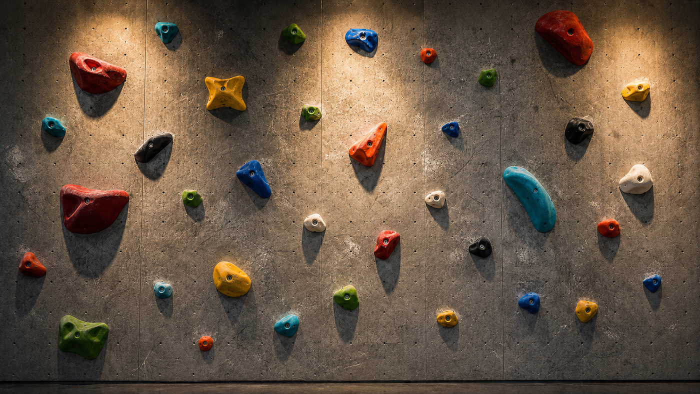 Gebrauchte Kletterwand in einer Halle mit farbigen Griffen, Chalkspuren und warmem Licht