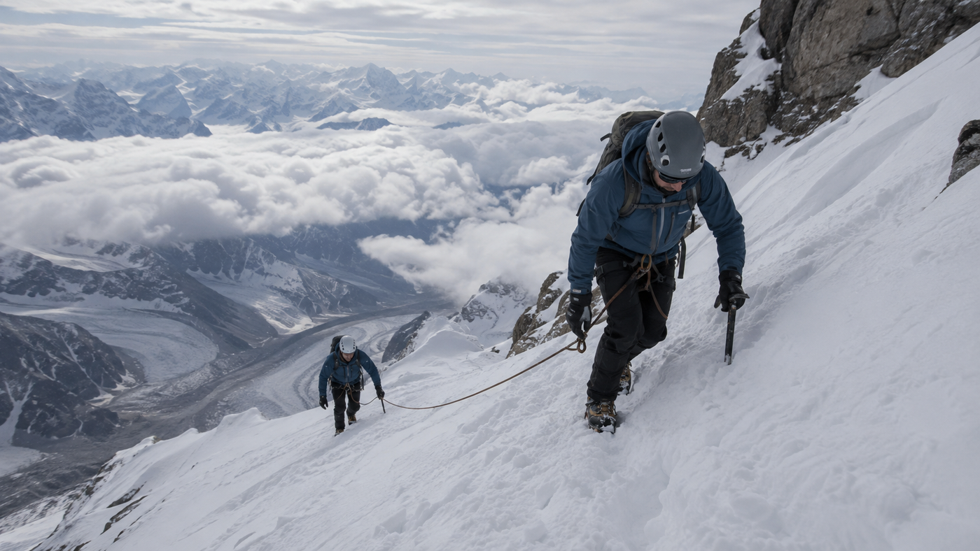 Zwei Alpinisten als Seilschaft auf einer steilen verschneiten Bergflanke über den Wolken